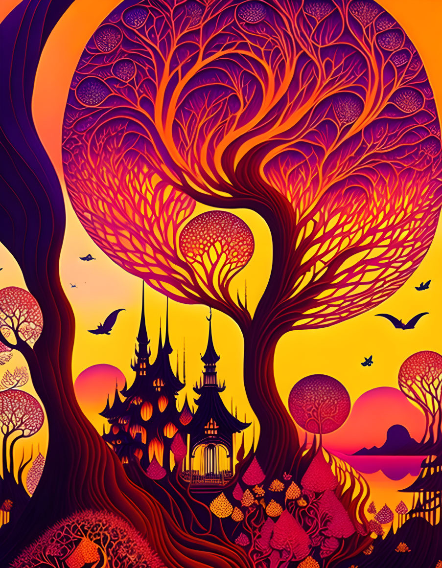 Colorful Illustration of Whimsical Tree, Castle Silhouette, and Animals at Sunset