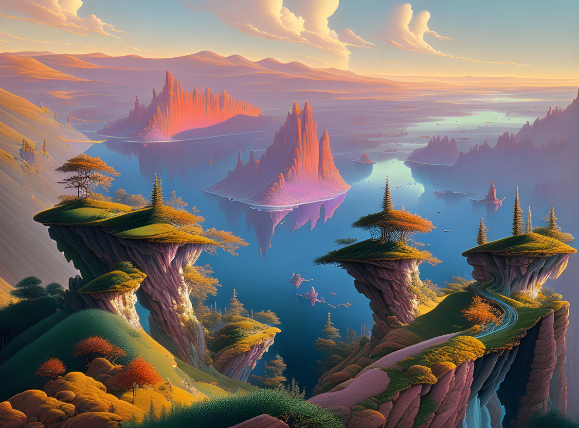 Fantasy landscape with towering rock formations and lush vegetation