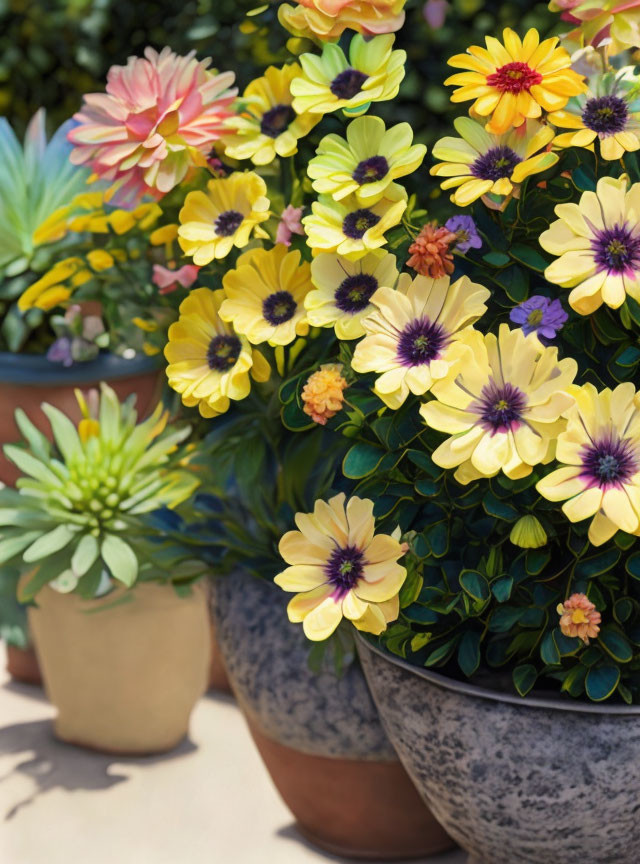 Colorful Blooming Flowers in Pots with Blurred Foliage