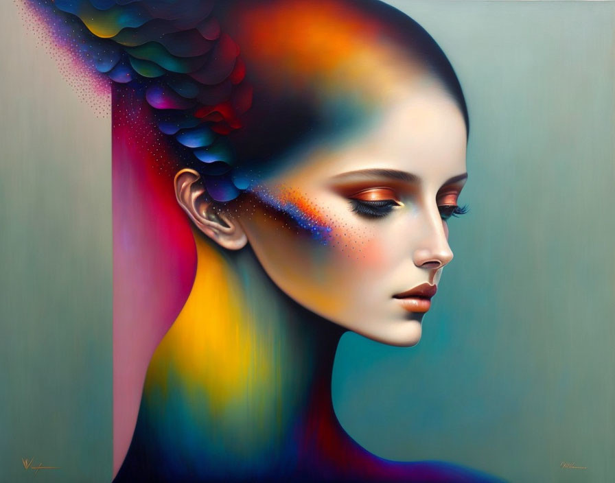 Colorful surreal portrait of a woman with flowing hair and iridescent dots.