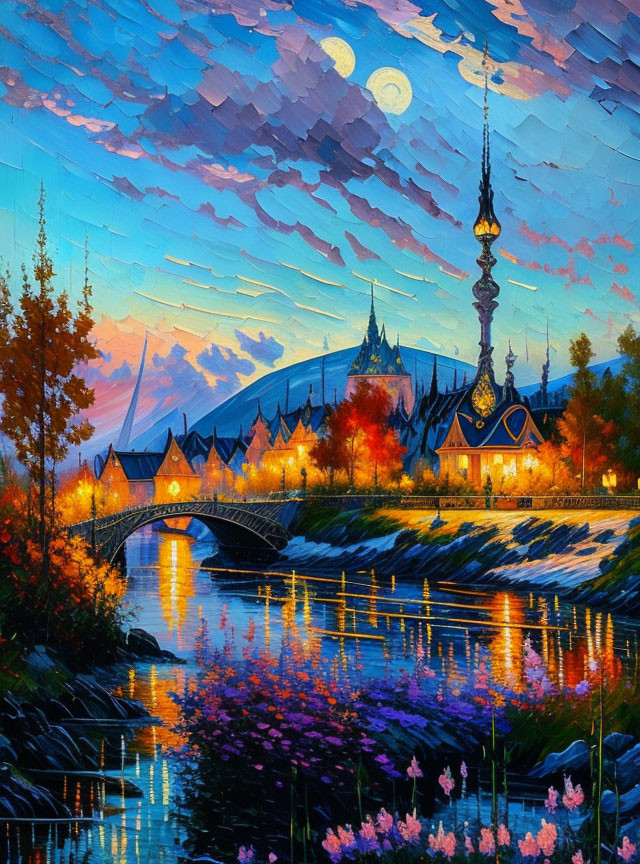 Fantastical castle painting at dusk with river, bridge, colorful foliage, full moon.