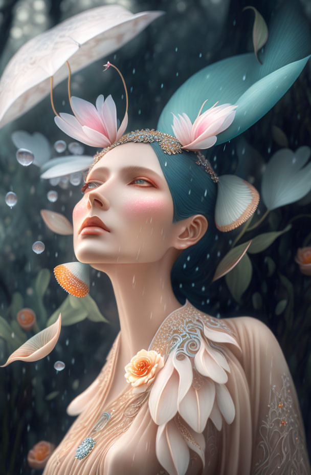 Digital art portrait of woman with blue hair, feathers, diadem, and flowers under umbrella with butterflies