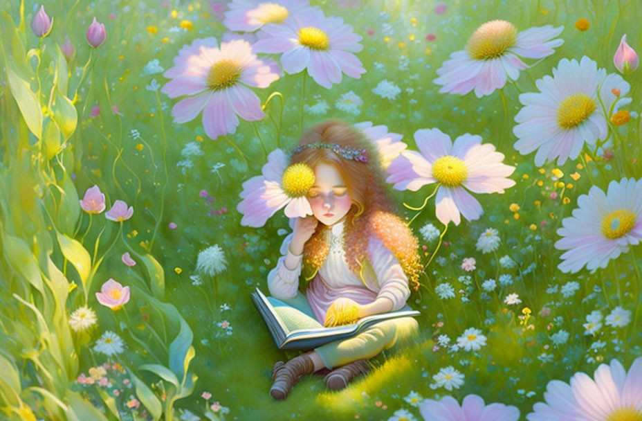 Illustration of young girl reading book in serene floral setting