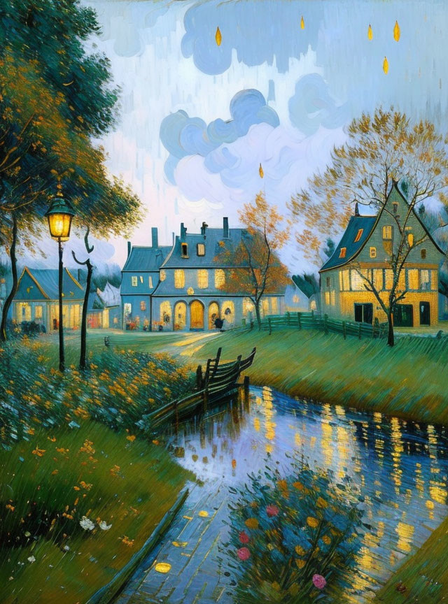 Charming twilight scene: village, lit houses, cobblestone path, reflective canal, rose petals