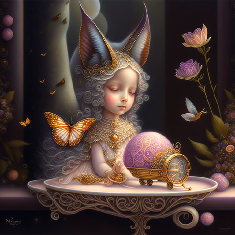 Child with Animal Ears in Ornate Costume Gazing at Magical Orb