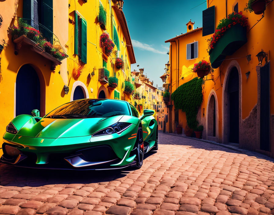 Green sports car parked on cobblestone street beside vibrant yellow houses under clear blue sky