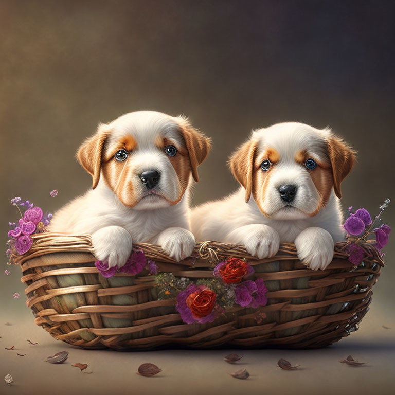 Two cute puppies in wicker basket with flowers and leaves.