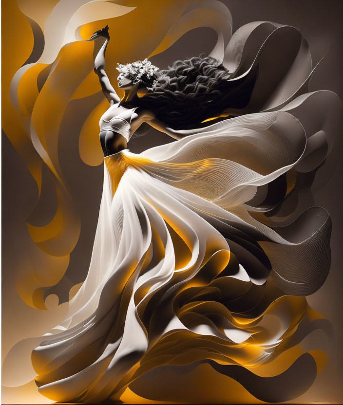 Woman with flowing hair and abstract golden swirls dress and flower bouquet.