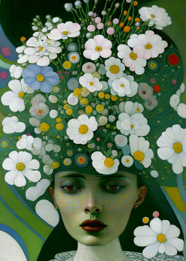 Surreal female portrait with blooming flower bouquet hair on swirling green backdrop