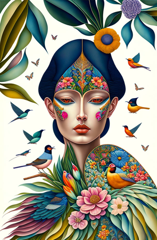 Colorful botanical and bird motifs blend in stylized woman's face illustration