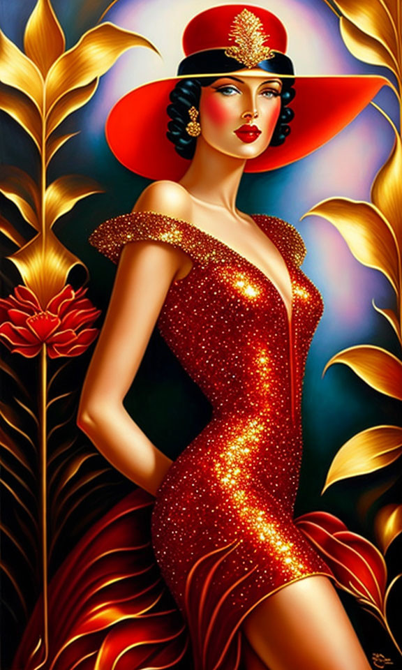 Stylized woman in red dress and hat with wheat and rose background - Art Deco vibes