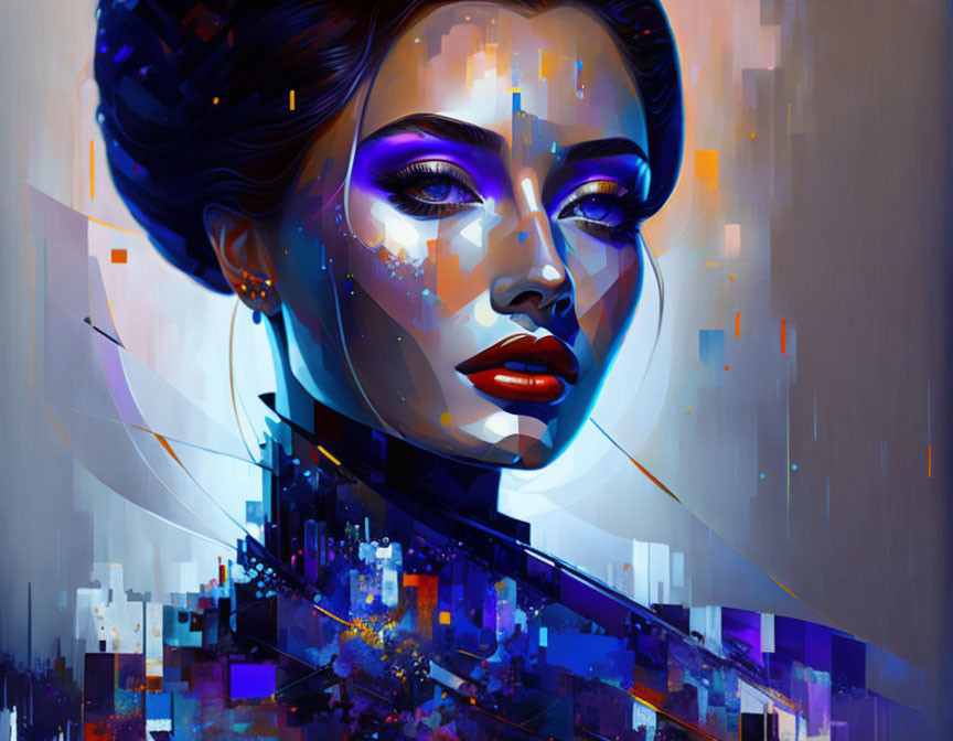 Digital artwork fusion: Woman's portrait with cityscape in vibrant blue and violet tones