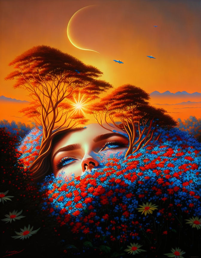 Surreal artwork: Female face merges with vibrant landscape, blue and red flowers, windswept