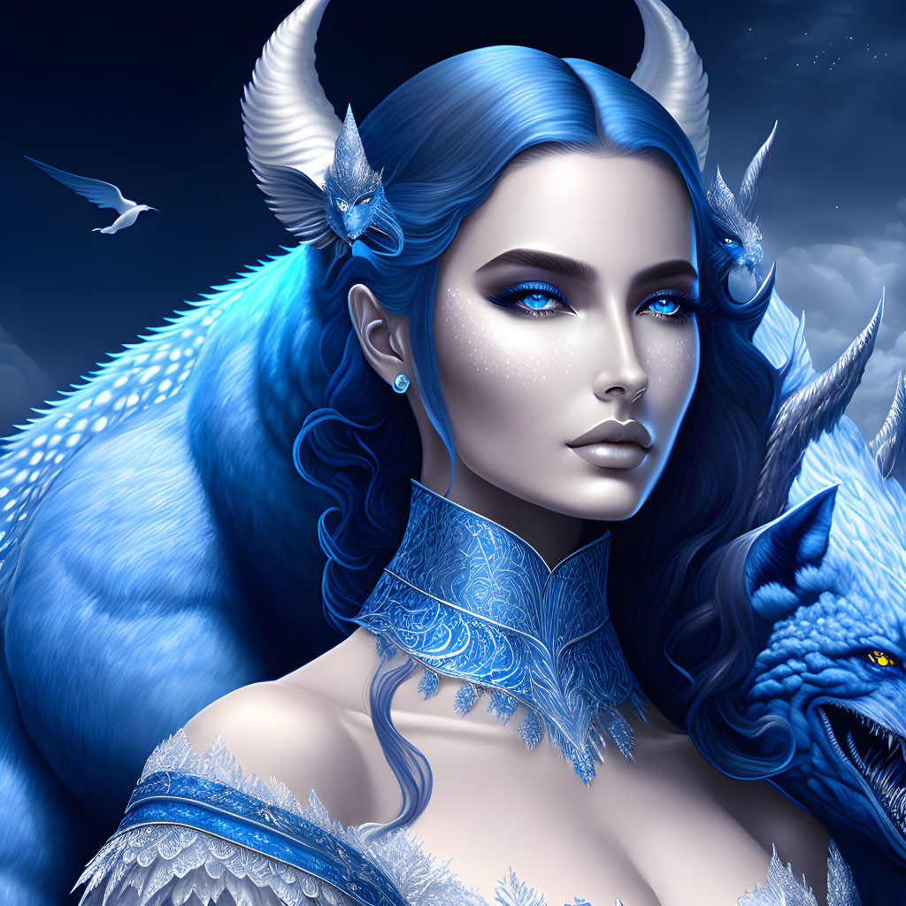 Blue-skinned woman with horns and mythical creatures in a nocturnal sky.