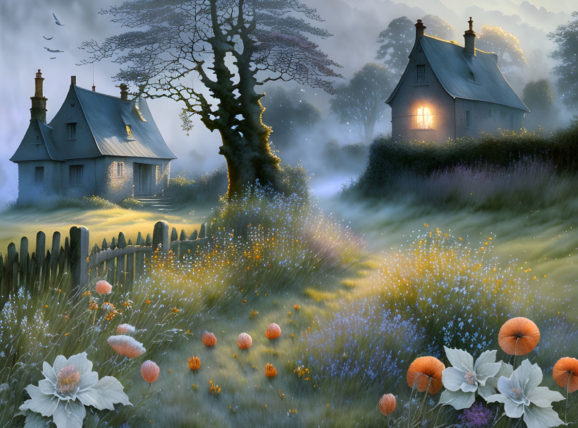 Tranquil countryside cottage with glowing windows, old tree, and vibrant flowers