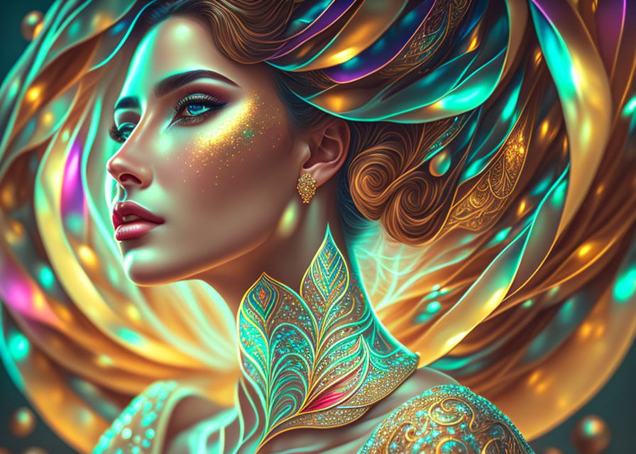 Fantastical woman with swirling golden hair and ornate shoulder adornment