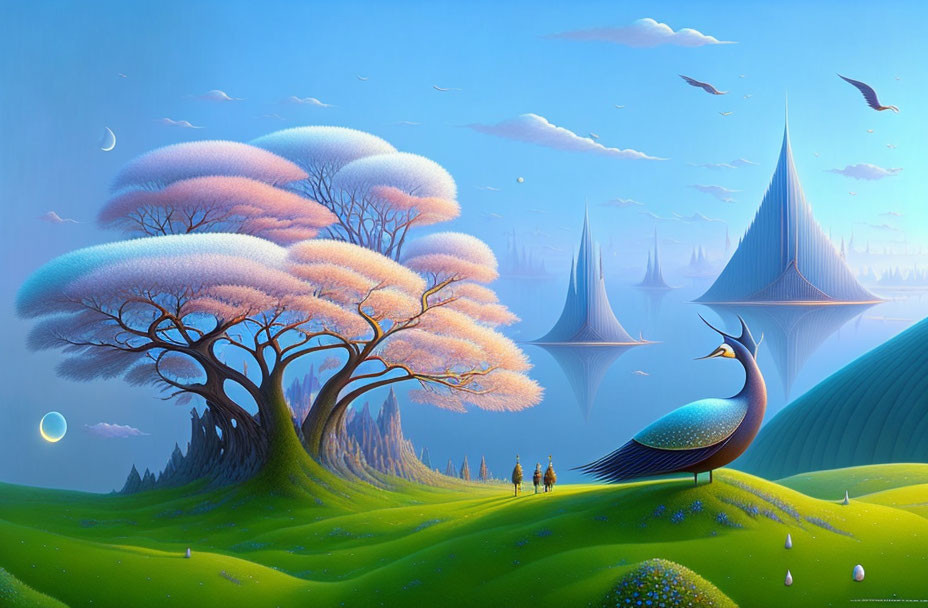 Surreal landscape with oversized peacock, pink trees, floating islands, and tiny figures under twilight