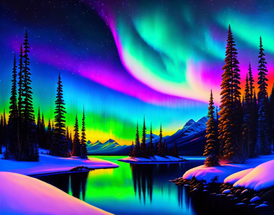 Colorful Aurora Borealis Over Snowy Landscape