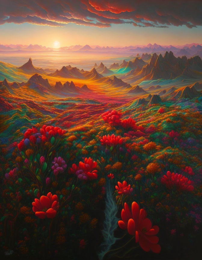 Colorful Flowers and Rolling Mountains in Sunset Landscape