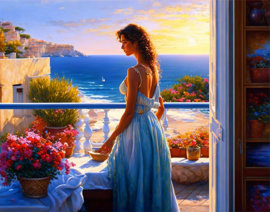 Woman in Blue Dress on Balcony Overlooking Sea at Sunset