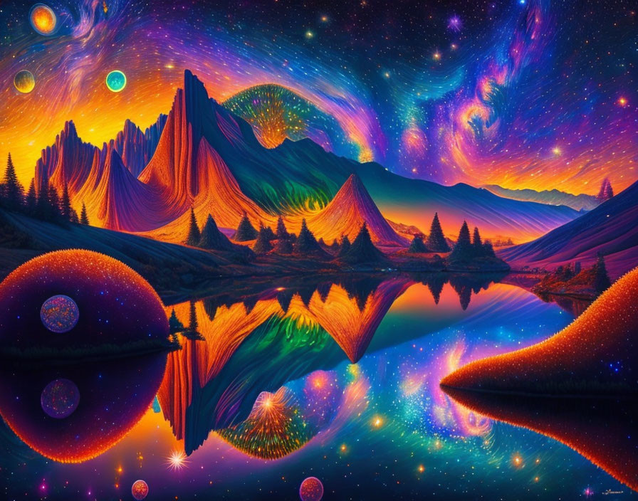 Colorful Cosmic Sky Over Mirrored Fantasy Mountains