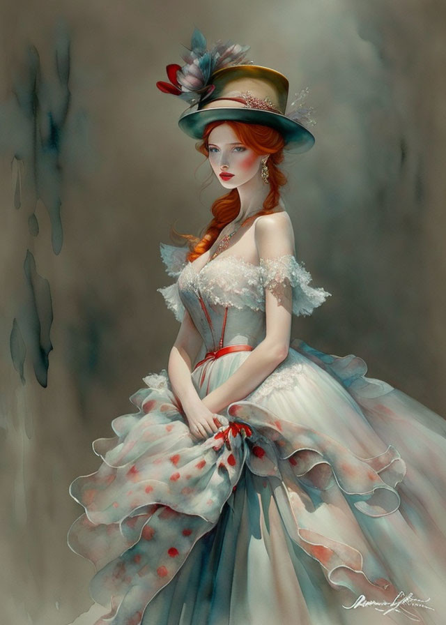 Vintage dress woman illustration with wide-brimmed feathered hat