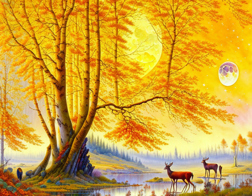 Tranquil autumn landscape with golden trees, deer, full moon, and warm colors