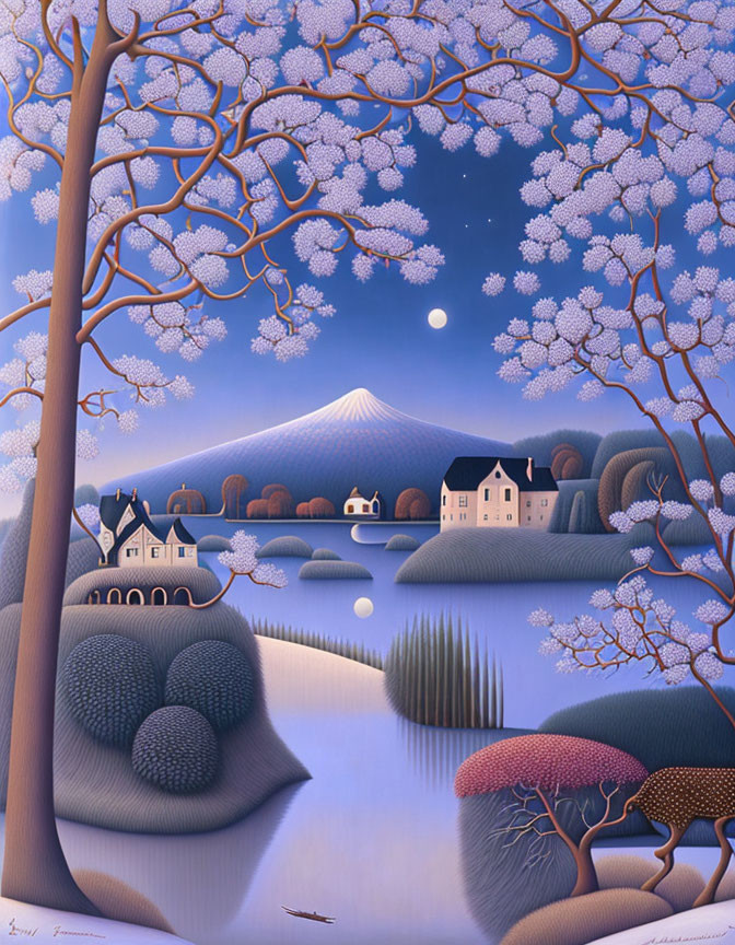 Surreal landscape painting: Mount Fuji, full moon, blossoming trees, traditional houses, spotted