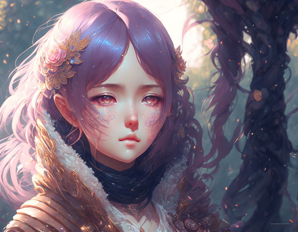 Digital Artwork: Young Woman with Purple Hair in Magical Forest Environment