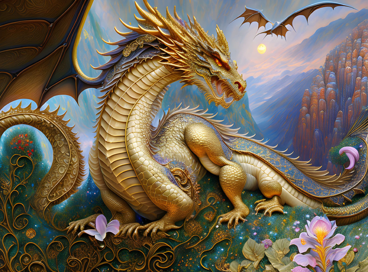 Golden dragon with intricate scales in fantasy landscape.