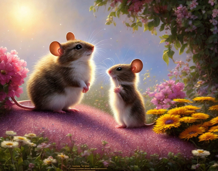 Animated mice conversing on sparkling surface with vibrant flowers and dreamy background