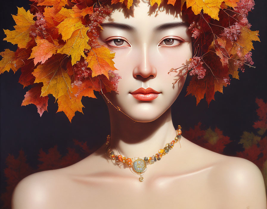 Digital artwork: Person with autumn leaf crown & amber necklace on dark background