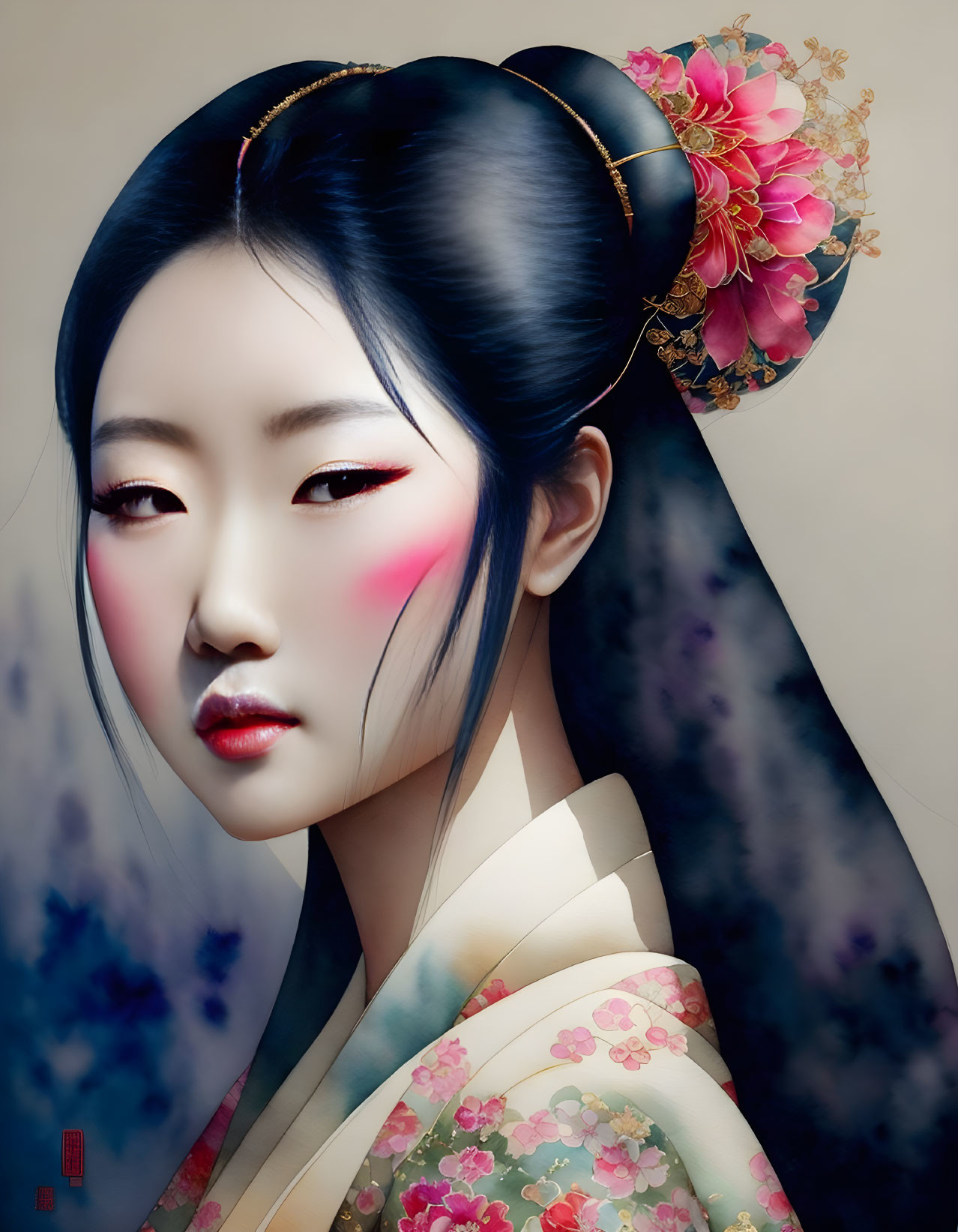 Digital painting: Woman with black hair, floral hairpiece, traditional attire, vibrant makeup.