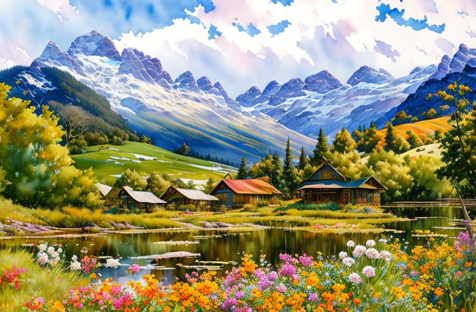 Scenic landscape painting with mountains, cottages, lake & flowers