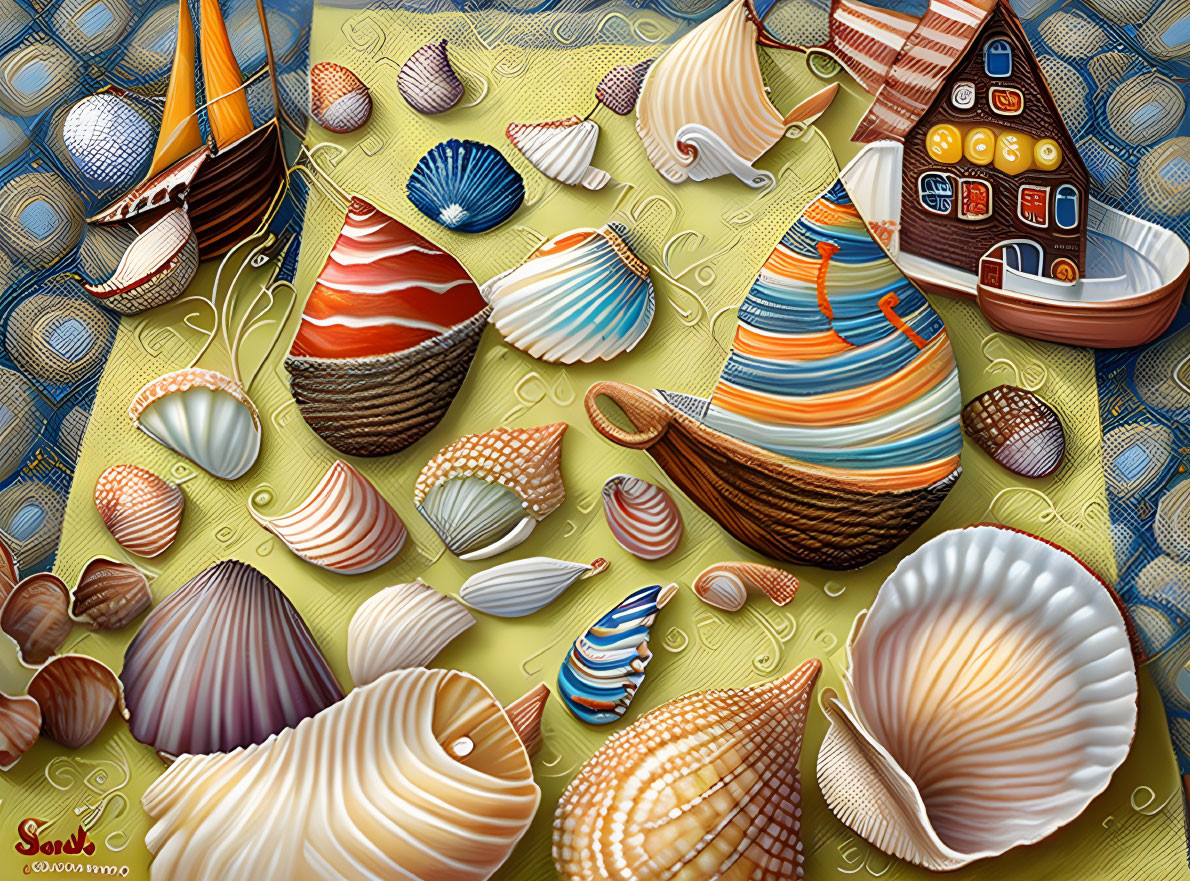 Colorful Seashells, Sailboats, and Quirky Building Artwork on Textured Blue