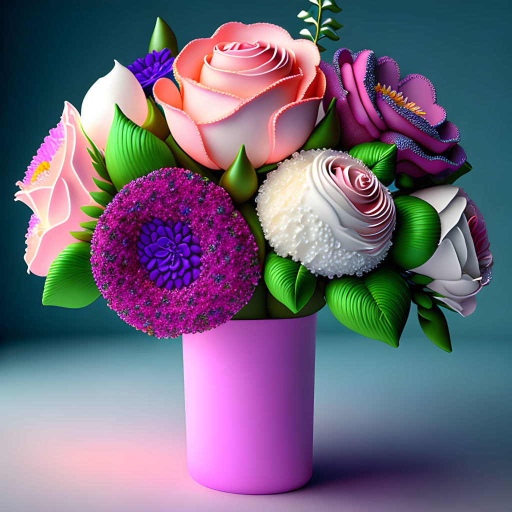 Colorful Stylized Flower Bouquet in Pink Vase on Teal Background