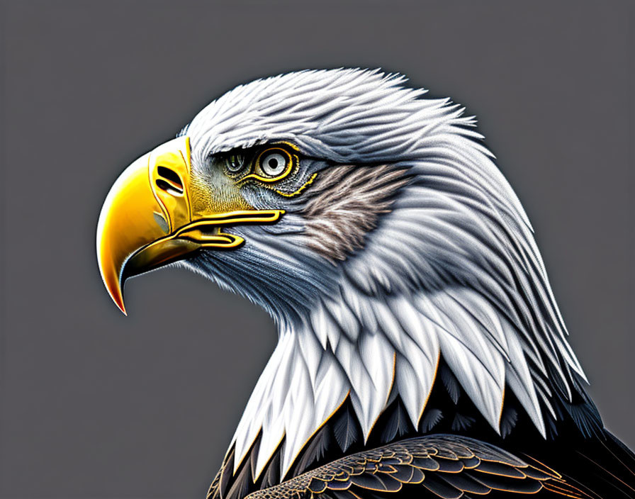 Detailed close-up of bald eagle head with yellow beak and intense gaze