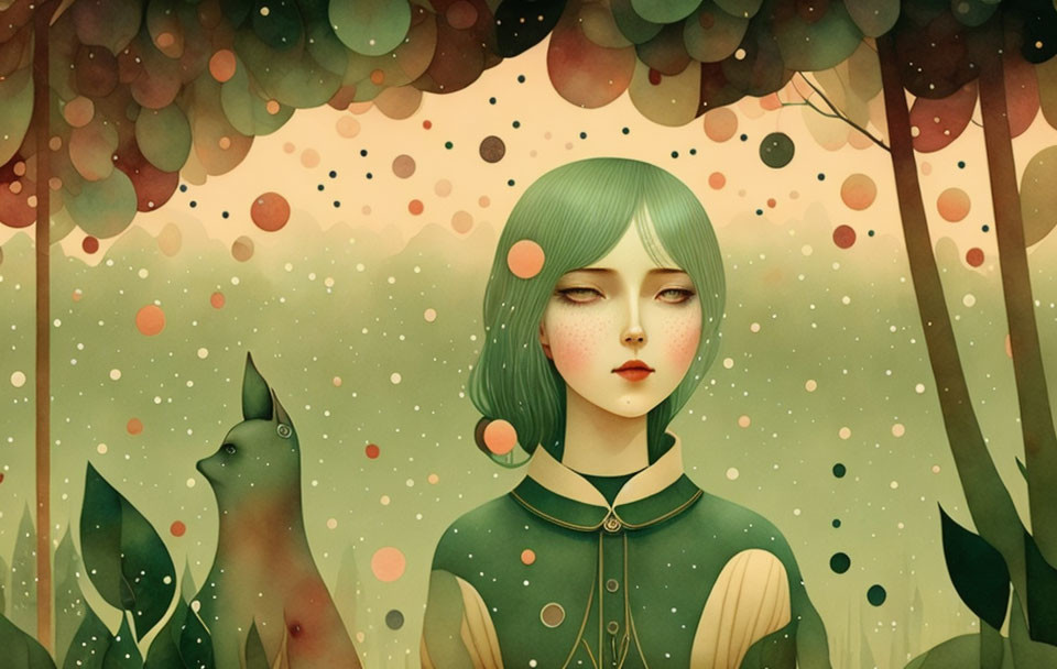 Illustration of girl with green hair in forest with wolf shadow