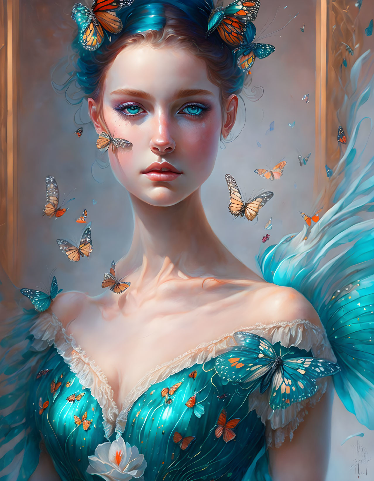 Portrait of woman with turquoise butterfly wings and matching hair adornments surrounded by fluttering butterflies.