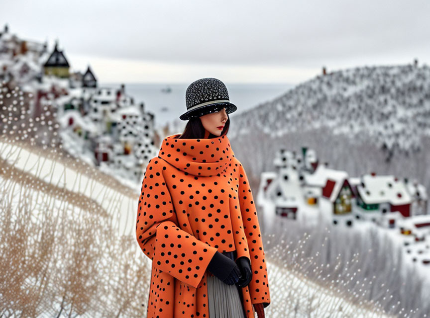 Fashionable woman in orange polka-dot coat against snowy village backdrop