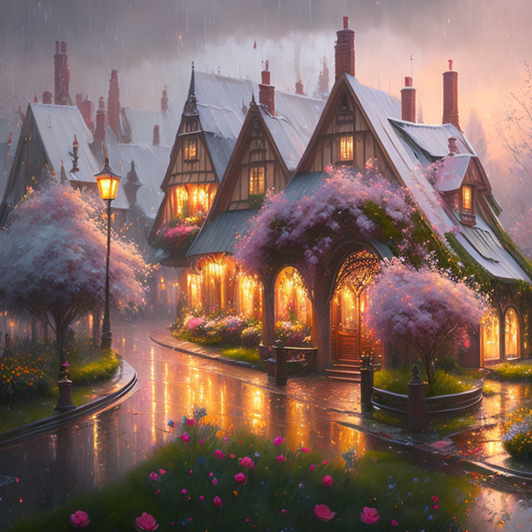 Charming street scene at twilight with quaint houses and blooming trees