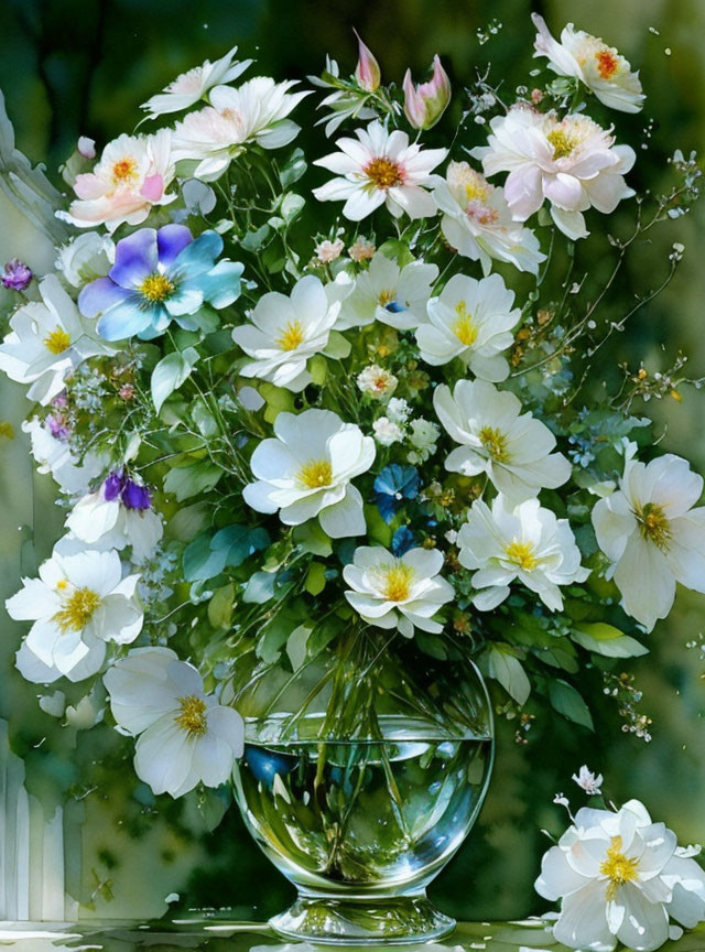 Delicate White and Pastel Flowers in Transparent Vase