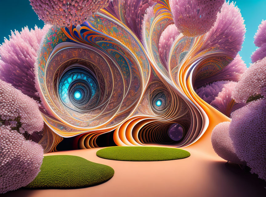 Colorful Surreal Landscape with Swirling Patterns and Coral-like Formations