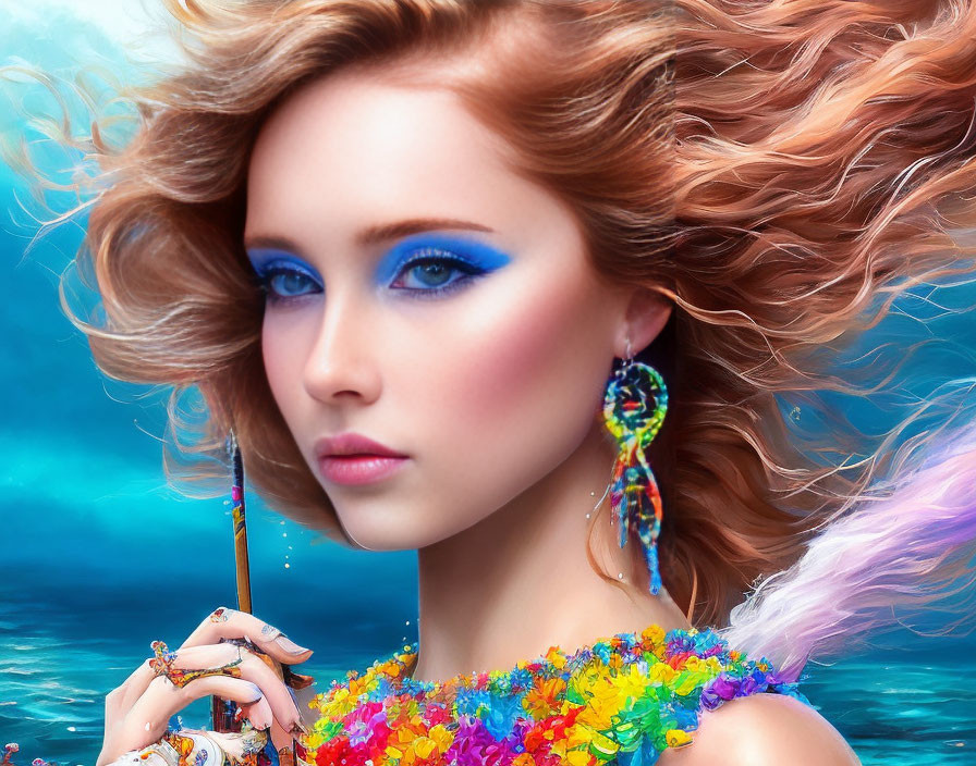 Colorful makeup and flowing hair woman in floral dress against blue backdrop