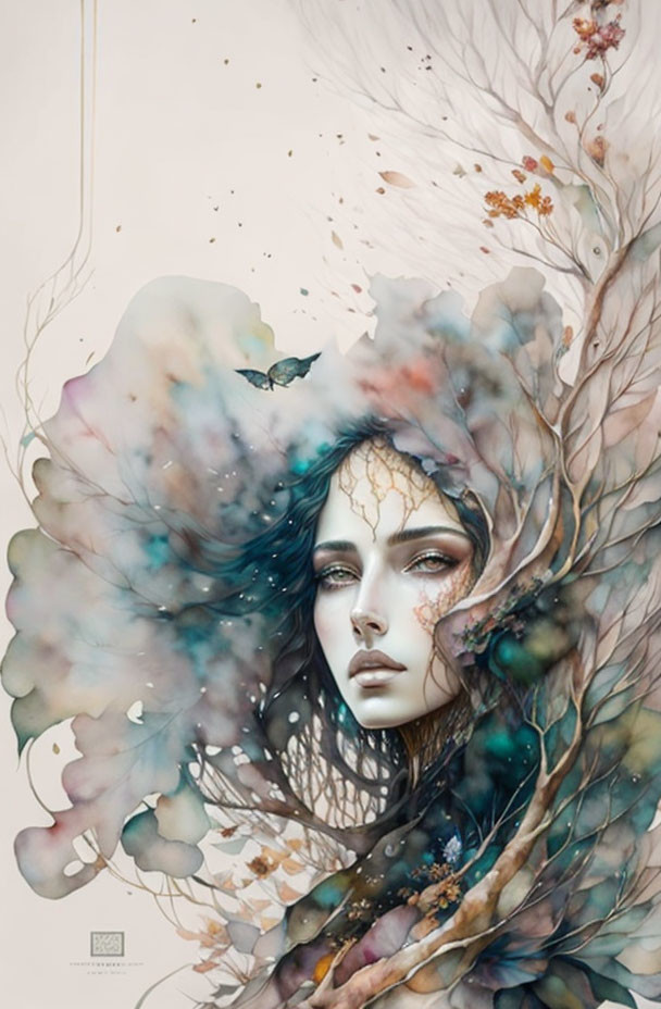 Surreal portrait of a woman with nature and cosmic motifs