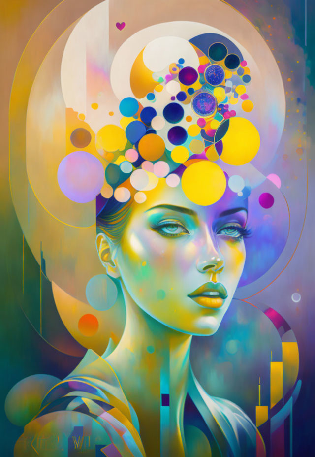 Colorful portrait of a woman with abstract cosmic elements and vibrant circles forming a headdress on a soft