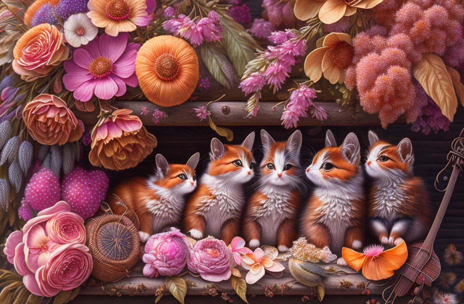 Four whimsical fox cubs with flowers and violin in colorful setting