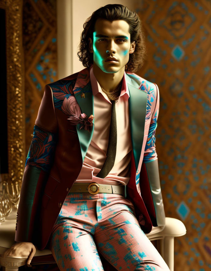 Colorful tailored suit with intricate patterns on stylish man against ornate backdrop