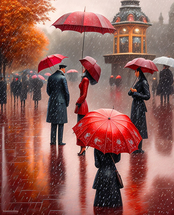 Red umbrella pedestrians stroll rainy autumn street with gazebo.