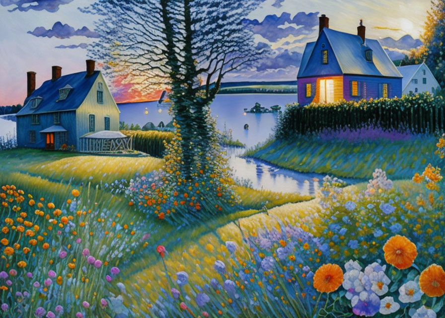 Scenic painting of countryside homes by river at dusk